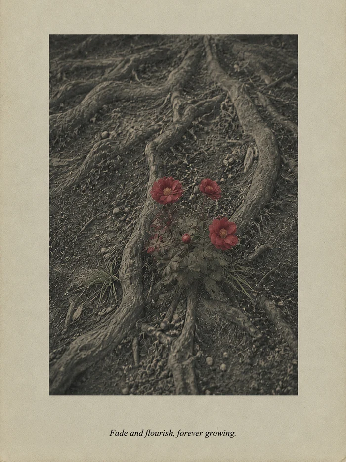 Evergrow, the house’s card: red flowers among roots — “Fade and flourish, forever growing”